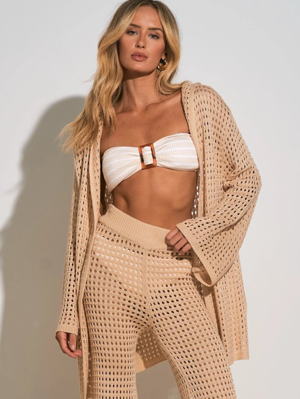 NWT Elan Open Knit Cover-Up Pants & Cardigan Hoodie Beach Set Natural Beige